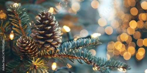 Pine cones on evergreen branches adorned with glitter and festive lights. photo