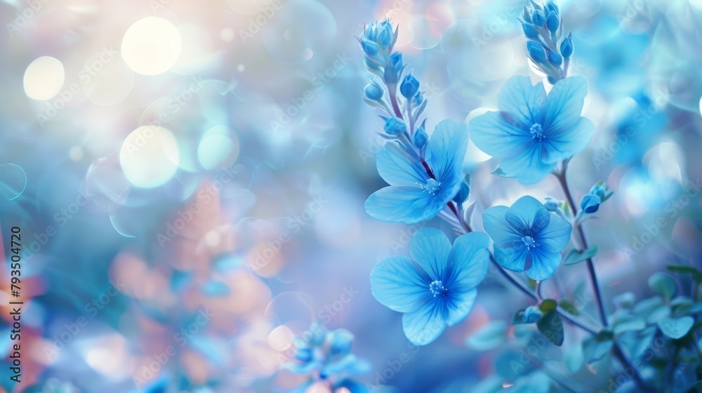 Delicate blue flowers in full bloom with a soft bokeh effect in a dreamlike natural setting, conveying serenity. Delicate blue flowers in full bloom with a soft bokeh effect in a dreamlike natural setting, conveying serenity.