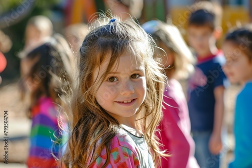 Cute little girl with long hair on the background of children's playground