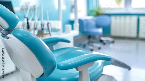 Sleek dental clinic interior featuring a modern chair and advanced dental instrumentation in a clean  bright setting.