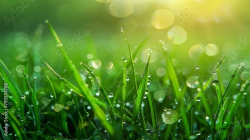 Fresh green grass with dew drops sparkling in the warm sunlight of early morning.