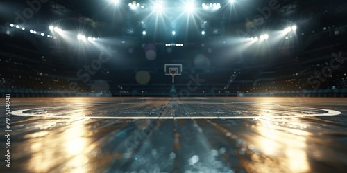 An indoor basketball court gleams under the illumination of intense arena lights, with no players in sight.