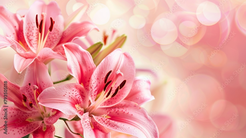 Vibrant pink lily flowers against a dreamy, blurred light background, emphasizing natural beauty and freshness. Vibrant pink lily flowers against a dreamy, blurred light background, emphasizing natural beauty and freshness.