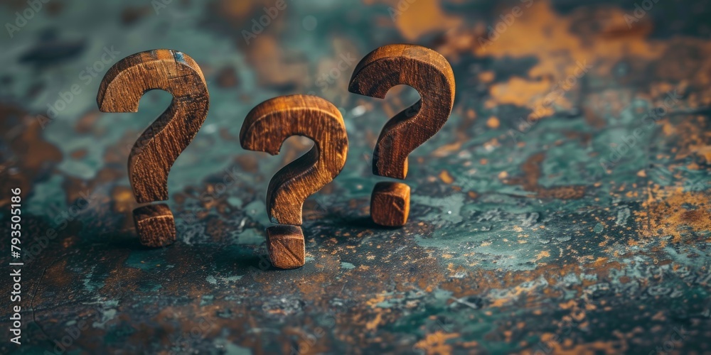 Three rustic wooden question marks standing on a weathered surface, evoking a sense of curiosity and mystery. Three rustic wooden question marks standing on a weathered surface, evoking a sense of curiosity and mystery.