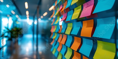 A creative display of multicolored sticky notes on a glass wall in a modern office workspace.