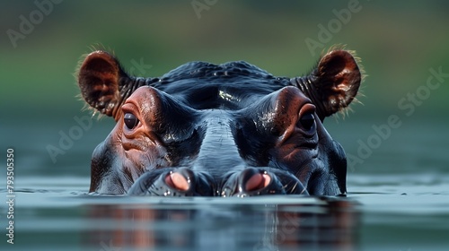 Hippo Partially Submerged in Serene Waters. Hippopotamus peeks above serene waters, its eyes and ears on alert, perfectly adapted to life in its watery refuge.