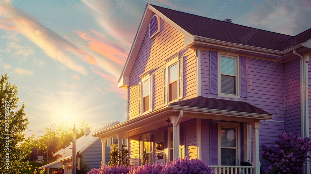A dreamy lilac-colored house with siding and shutters exudes a romantic charm against the backdrop of the suburban scenery, bathed in the golden light of the sun.