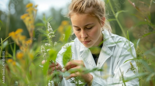 A biologist in field attire, examining plant life in a natural setting, investigative and engaged, against a clean, natural background, styled as a field research.