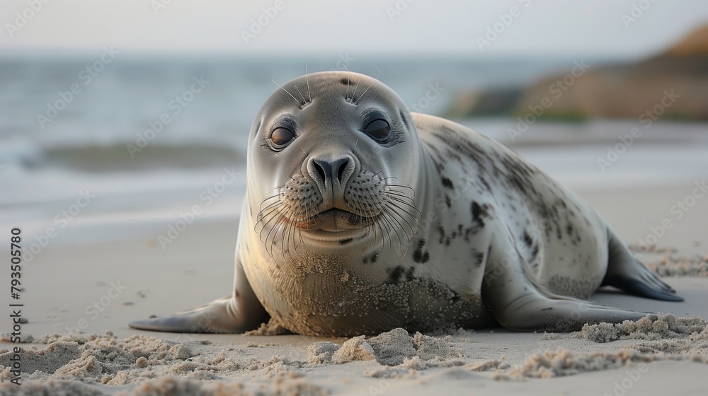 Fototapeta premium Harbor Seal Lounging on Sandy Beach. Charming harbor seal rests on a sandy beach, its large eyes and spotted fur drawing attention to this marine mammal's endearing qualities.