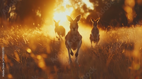 Kangaroos in the Wild at Golden Hour. Kangaroos hop across a golden field, bathed in the warm light of the setting sun, a classic scene from the Australian outback.