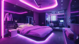 A futuristic hotel room with smart tech features highlighted by neon purple lights.