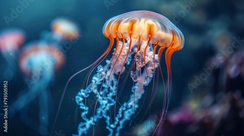 Orange Jellyfish Drifting in Deep Blue Sea. Ethereal orange jellyfish floats gracefully in the deep blue sea, surrounded by a dance of light and shadow in its underwater world. © Old Man Stocker