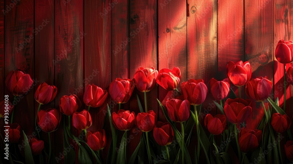 An eye catching banner idea featuring a stunning arrangement of vibrant red tulips set against a backdrop of soft lighting and rich wooden textures complete with ample space for customized An eye catching banner idea featuring a stunning arrangement of vibrant red tulips set against a backdrop of soft lighting and rich wooden textures complete with ample space for customized
