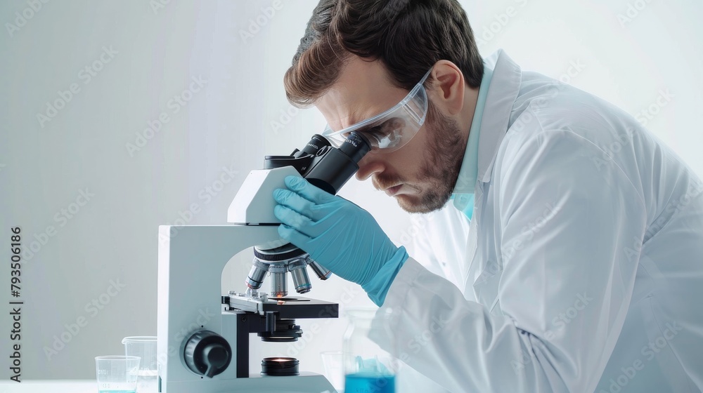 A biotech researcher in lab attire, examining samples under a microscope, appearing focused and curious, against a clean, white background, styled as an innovative scientific corporate study. A biotech researcher in lab attire, examining samples under a microscope, appearing focused and curious, against a clean, white background, styled as an innovative scientific corporate study.
