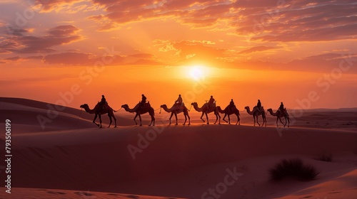 Camel Caravan Journey at Desert Dawn. In the quiet hours of dawn  a camel caravan treks through the desert  silhouetted against the warming sky as the sun rises.