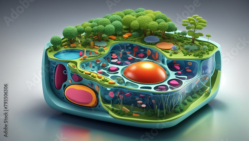 A 3D rendering of a plant cell. Various organelles are visible, such as the nucleus, endoplasmic reticulum, and mitochondria.

 photo