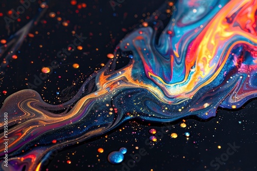 Spills of multicolored metallic dye mixing and spreading on black background - generative ai