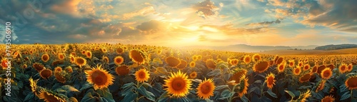 Summer sun illuminates a vibrant sunflower field, offering a wide-angle view of the uplifting landscape