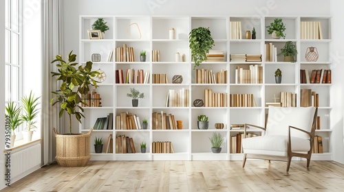 White bookshelves with open shelving depicting a selection of books, plants, and attractive items in a living room across the wall next to them and space, Generative AI.