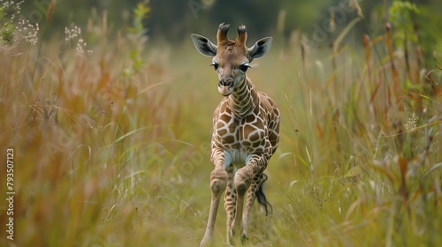 Giraffe Calf Trotting in Golden Grassland. Adorable giraffe calf trots gracefully through the tall grasses of its native grassland habitat.