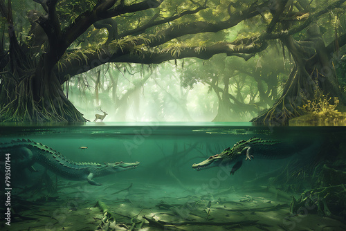 Lake Swamp in deep forest with half under water view at foggy morning, A drinking deer under Banyan tree with two stalking crocodiles under water. 