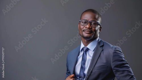 A conference panelist in business attire, discussing issues with co-panelists, looking interactive and insightful, against a simple grey backdrop, styled as a business panel discussion shot. photo