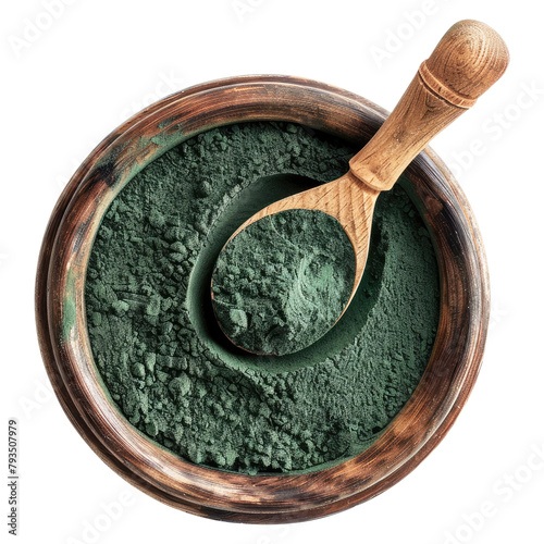 spirulina powder in clay pot  top view isolated on transparent background Remove png, Clipping Path, pen tool