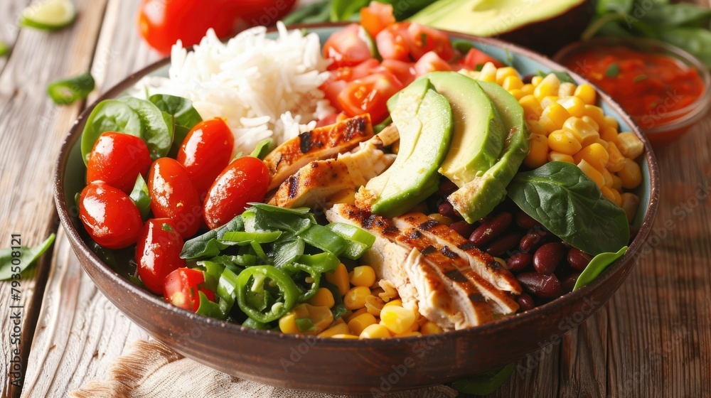 Indulge in a mouthwatering homemade Mexican chicken burrito bowl brimming with rice beans succulent corn juicy tomatoes creamy avocado and vibrant spinach It s a scrumptious taco salad lunc
