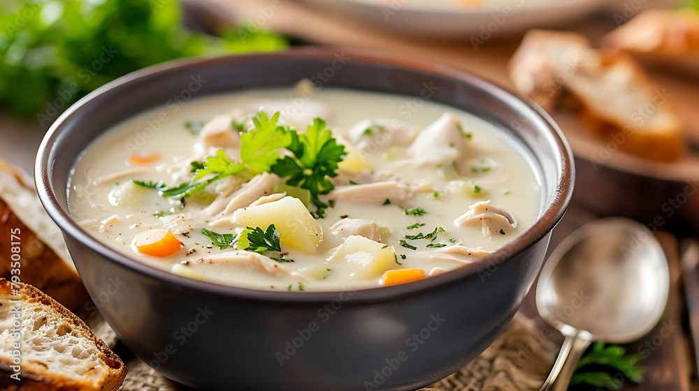 A bowl of creamy chicken and potato soup garnished with chopped parsley, served with warm crusty bread on the side