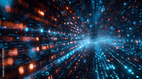 In the digital age, a technology background featuring dark space illuminated by flowing blue glowing binary code and numbers underscores the critical importance of data privacy and the safeguarding © horizor