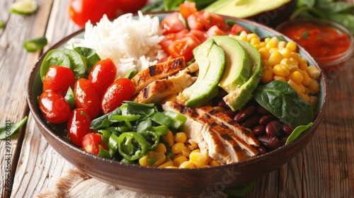 Indulge in a mouthwatering homemade Mexican chicken burrito bowl brimming with rice beans succulent corn juicy tomatoes creamy avocado and vibrant spinach It s a scrumptious taco salad lunc photo