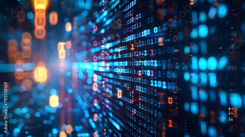 In the digital age, a technology background featuring dark space illuminated by flowing blue glowing binary code and numbers underscores the critical importance of data privacy and the safeguarding