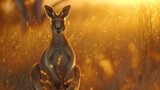 Kangaroo in Golden Australian Grassland at Sunset. Kangaroo stands alert in the golden glow of the sunset, amid the tall grasses of the Australian outback.