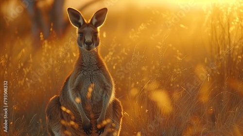 Kangaroo in Golden Australian Grassland at Sunset. Kangaroo stands alert in the golden glow of the sunset, amid the tall grasses of the Australian outback.