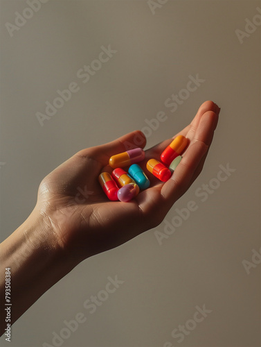 An artistic shot of a hand holding several colorful pills, spread out as if floating above the palm. 