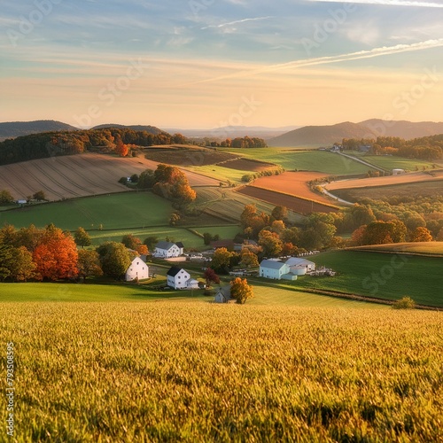a peaceful countryside scene with rolling hills, quaint farmhouses, and a colorful patchwork of fields stretching to the horizon."