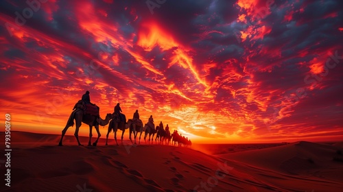 Camel Caravan Silhouetted Against Fiery Desert Sunset. Caravan of camels treks across desert dunes under a dramatic and fiery sunset sky.