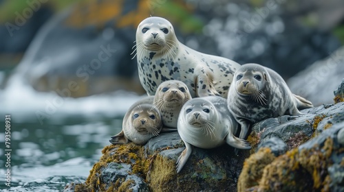 Harbor Seals Gathered on a Rocky Coastal Shore. Group of spotted harbor seals relax on a mossy rock, with the ocean spray in the background. photo