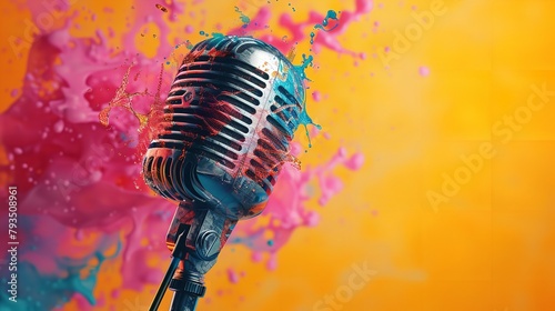 A vintage microphone with colorful backdrop and splashing of colors on it with a big space for text or product advertisement backdrop, Generative AI.