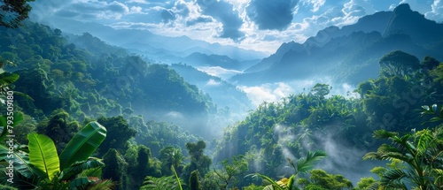 The scenic mountain view reveals rolling hills  lush vegetation  early morning fog  and a vast natural landscape