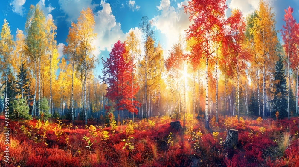 Capturing the serene beauty of a colorful forest in autumn with a tranquil setting, a panoramic shot showcases picturesque nature