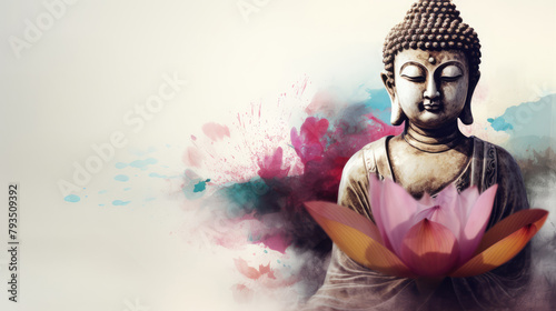 Buddha statue with lotus flower on watercolor splashes background, copy space. Buddha Purnima. Vesak day. Meditating Buddha and Pink Lotus on a white background, watercolor photo
