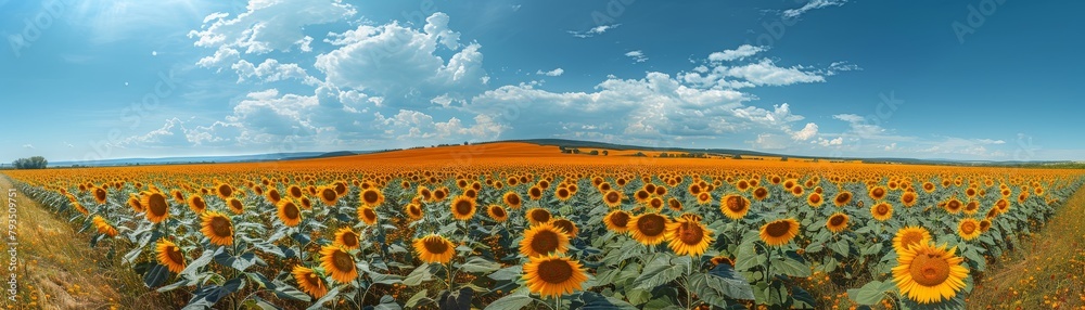 Fototapeta premium Scenic sunflower field under clear skies, with vibrant yellow blooms and green leaves, a picturesque and uplifting landscape