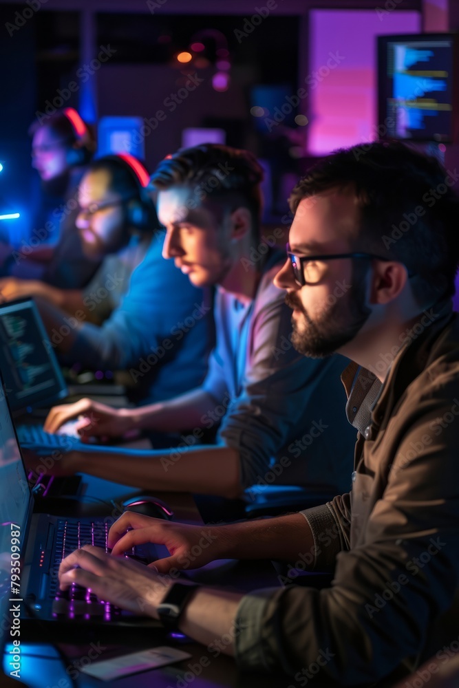 Professional Photography of a team of developers coding late into the night in a tech startup office, with computer screens glowing in the darkness, Generative AI