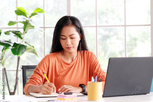 Work from home, Asian woman working with laptop computer at home, Asia female shopping online, Happy girl learning by internet, study online education, e commerce business