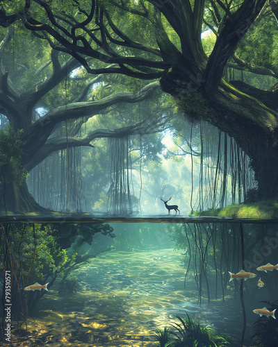 River and Swamp in deep forest with half under water view at foggy morning  a drinking deer under Banyan tree with fishes under water. 