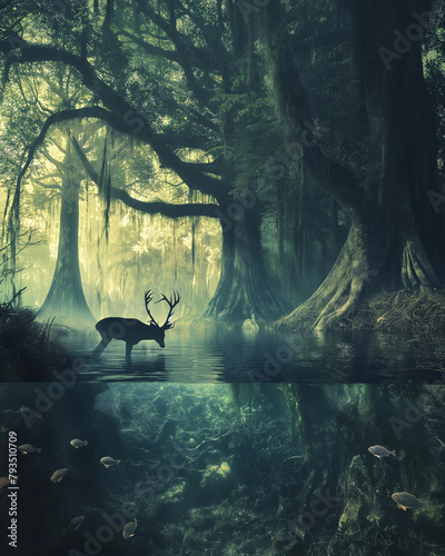 River and Swamp in deep forest with half under water view at foggy morning, a drinking deer under Banyan tree with fishes under water. 
