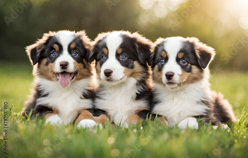 Three puppies sitting on the grass in front of a green background 