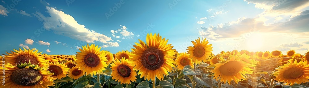 Sunflowers sway beneath a vibrant blue sky, large yellow petals in a summer field, spreading natural joy