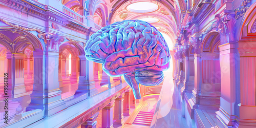 Cathedral of the Mind: The Constructed Brain and Thoughtful Meditation - Visualize a brain being constructed, illustrating the idea of building a cathedral of thoughts and beliefs in the mind
